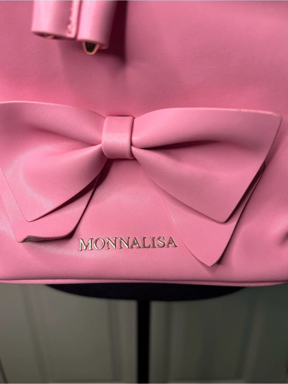 Monnalisa Pink Girls Mini Backpack with Front Bow and Gold Hardware